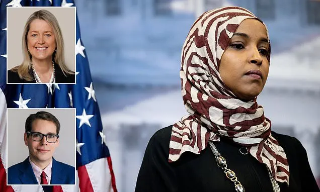 Collage of two lawyers' headshots beside a woman in patterned hijab, American flag background