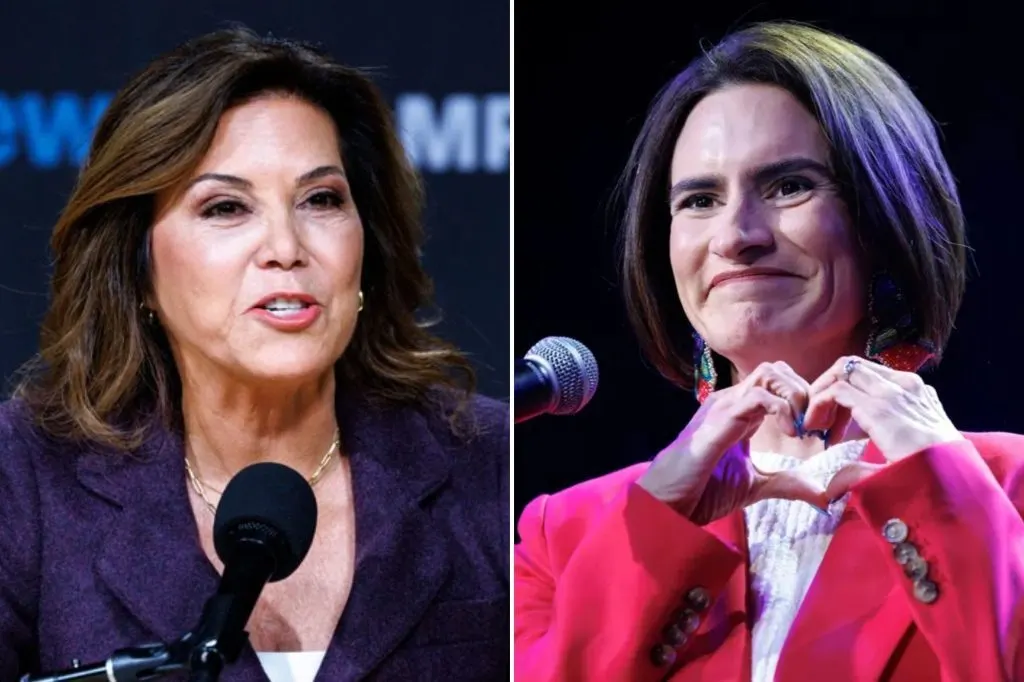 Split image: woman speaking at a podium on left, woman making heart hands on right