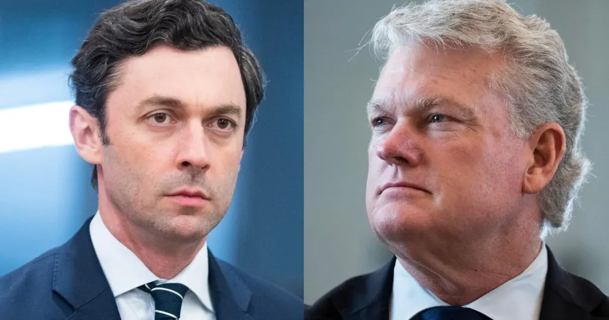 Split-screen side-by-side portraits of two men in dark suits, one looking forward and one looking to the side.