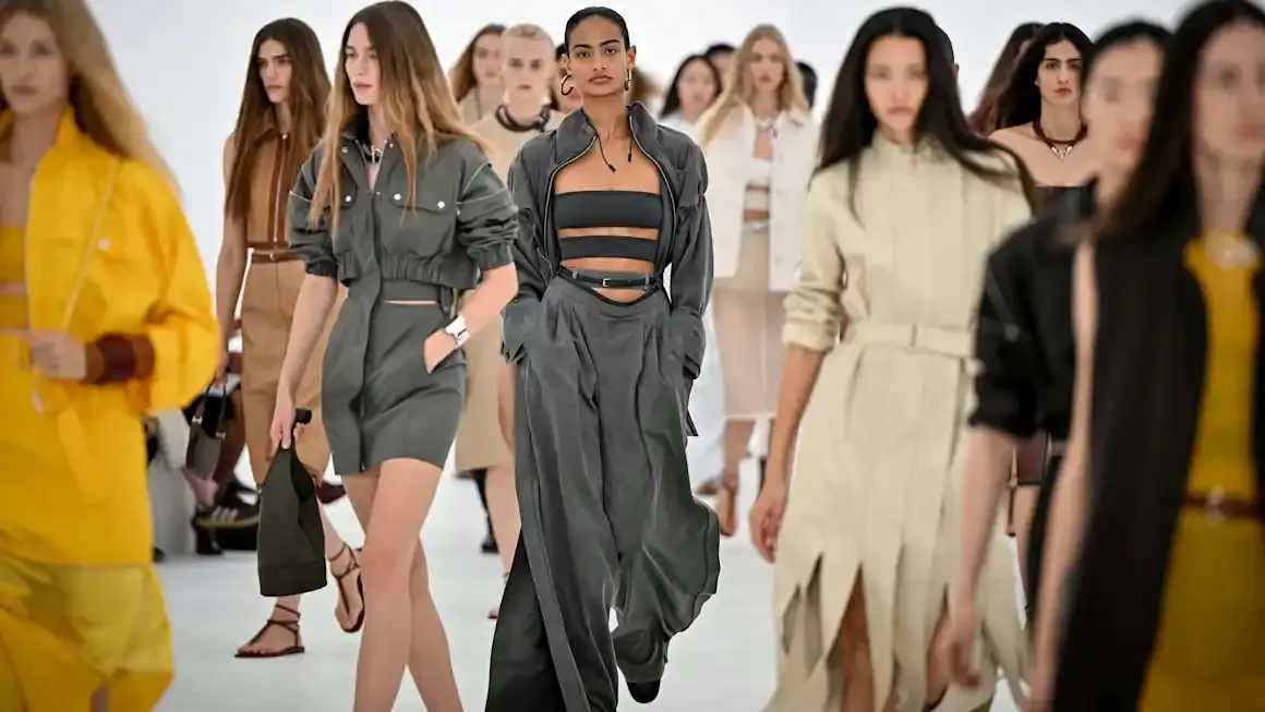Models in luxury fashion garments walking a runway, unrelated to stock market or China demand.