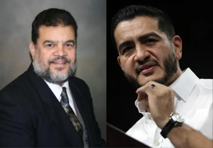 Side-by-side portraits of two bearded men, one in a suit and one in white shirt.