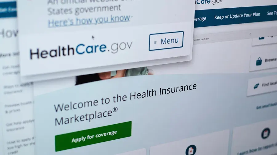 Blurred HealthCare.gov website screenshot showing Health Insurance Marketplace welcome page and Apply for coverage button.