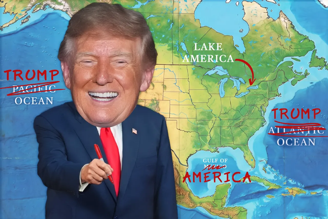 Caricature of a smiling man with a red pen over a map relabeling oceans and gulf as America.