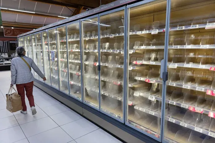 Shopper beside supermarket freezer cabinets with empty shelves and price tags, one woman walking past.
