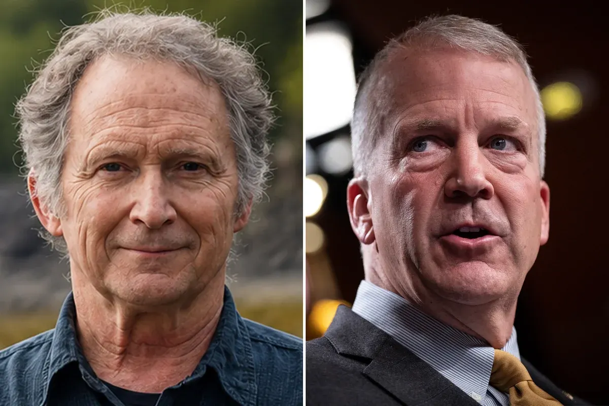 Side-by-side portraits of two men, one with curly grey hair, one in a suit.