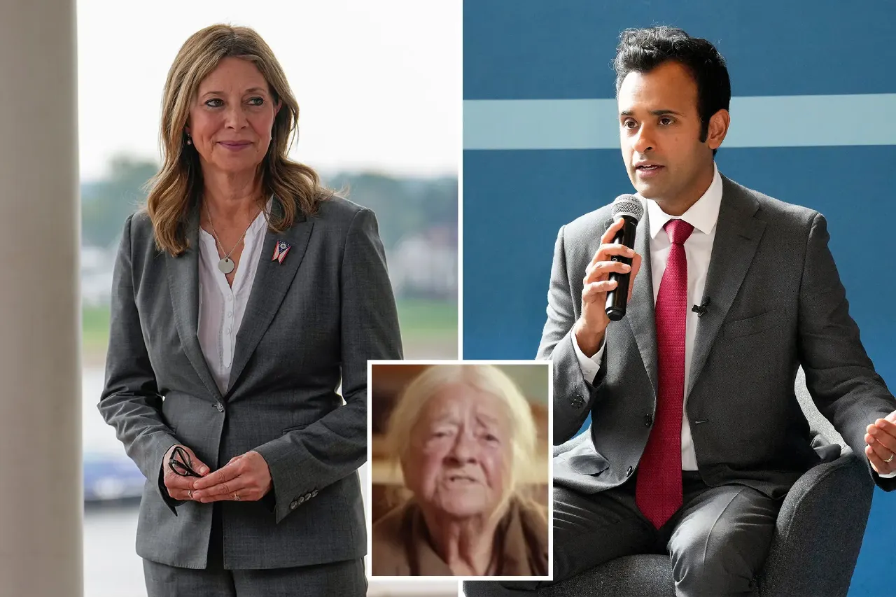 Split composite: woman in grey suit beside man speaking into microphone, with older woman inset