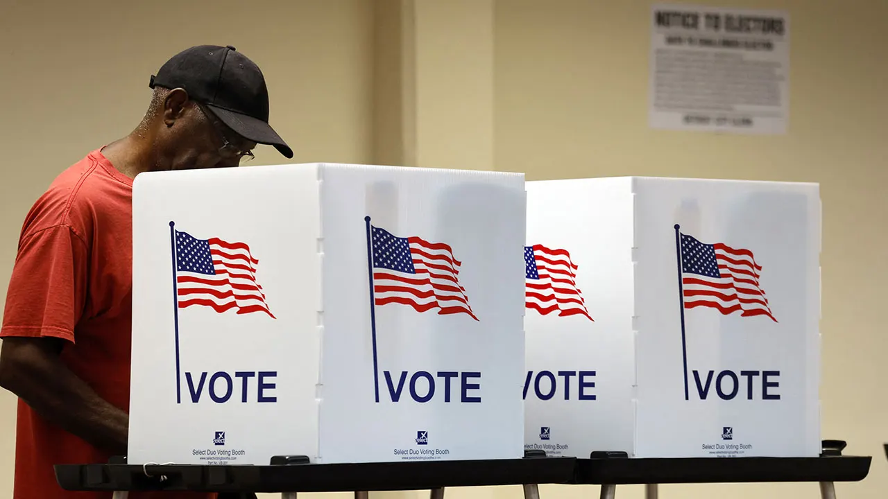 A man in a cap and red shirt votes at white booths marked VOTE with American flags.