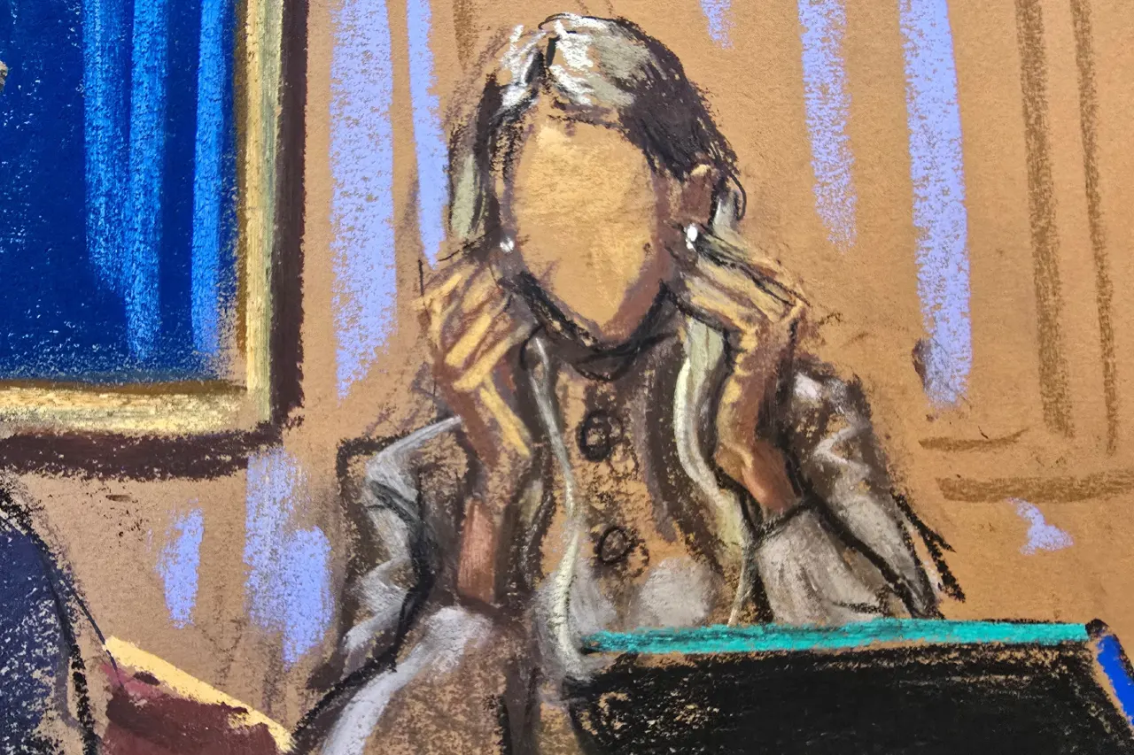 Courtroom sketch of a seated woman with hands raised to her head, blank face