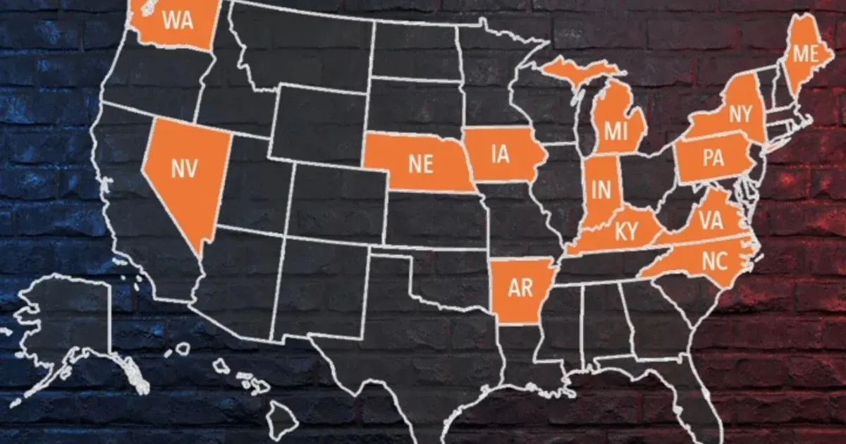 Map of the United States with 18 states highlighted in orange and labeled by postal code, on a dark brick background.