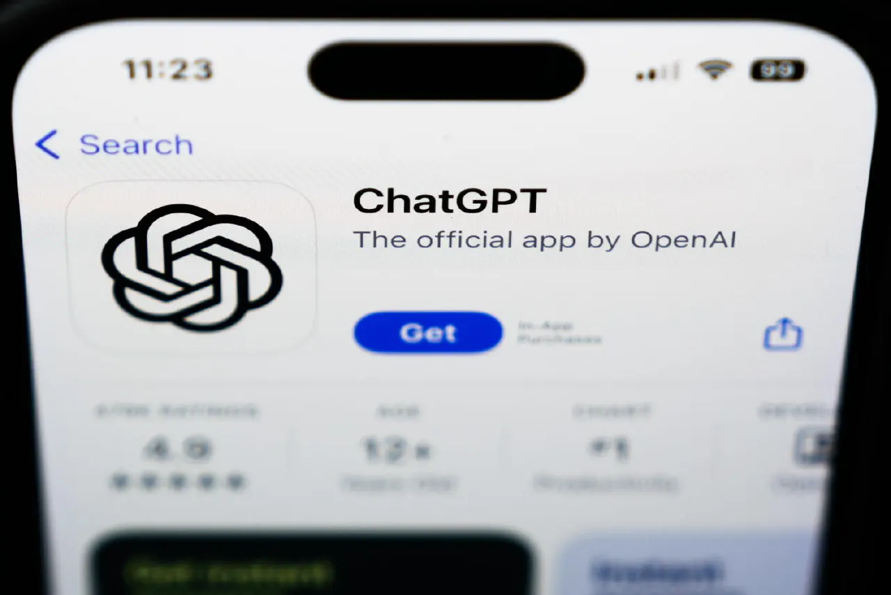 Phone screen showing ChatGPT app store listing with OpenAI logo and Get button.