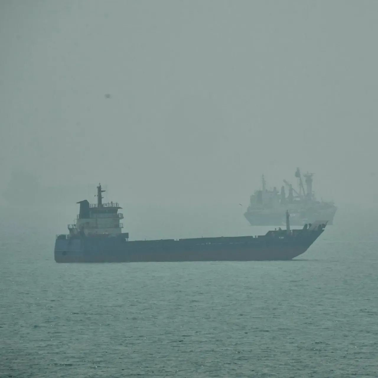 Two cargo ships on hazy sea, one in foreground and one behind, under overcast sky.