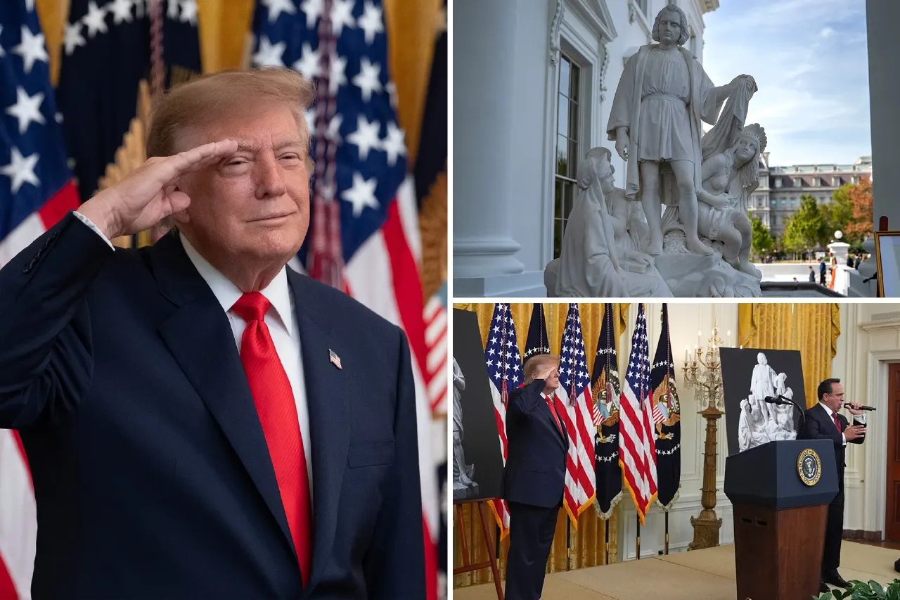 Collage: man saluting before US flags, Columbus statue outside, speaker at podium with statue backdrop