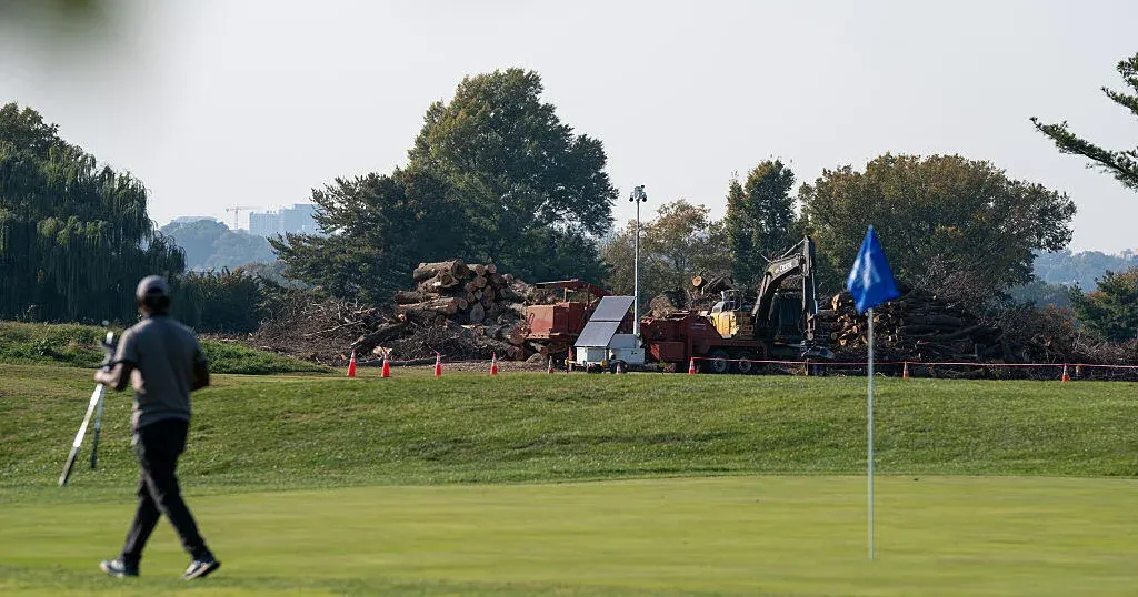 Golfer with cart on fairway near piles of cut logs and heavy machinery at a golf course.