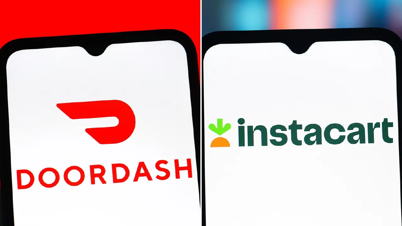 Split image of two smartphones showing DoorDash and Instacart logos on screens