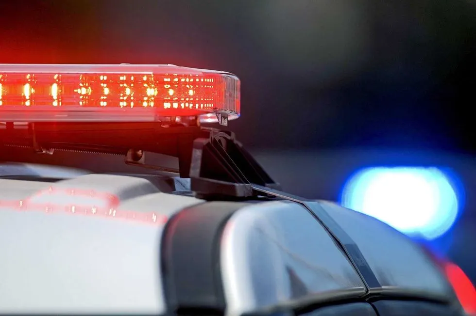 Red and blue emergency lights atop a police vehicle at night, shallow focus.