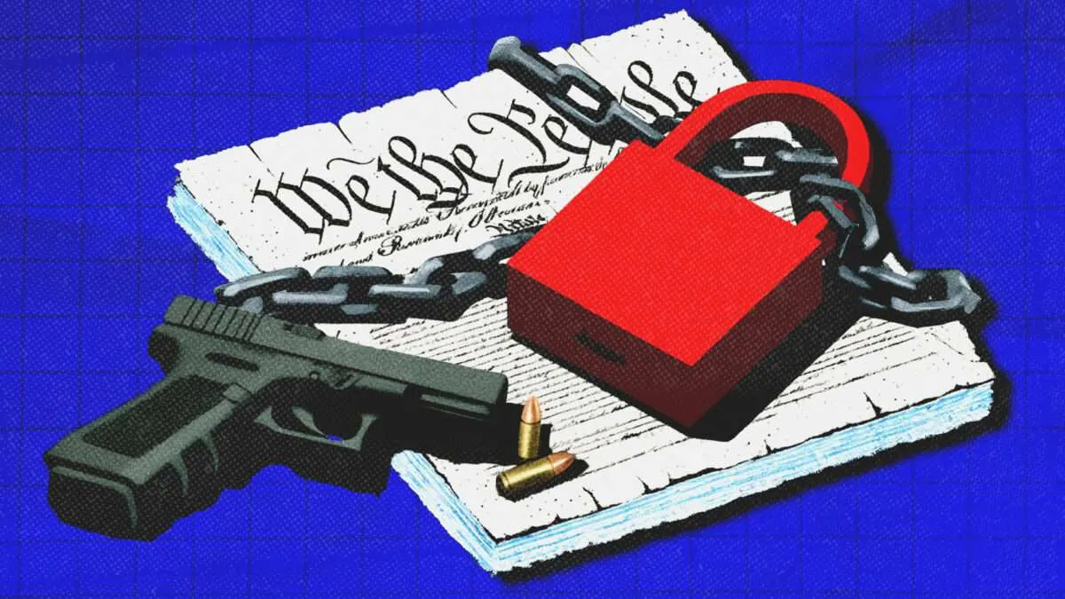 Illustration of a handgun, bullets, red padlock and chains atop a document reading We the People.