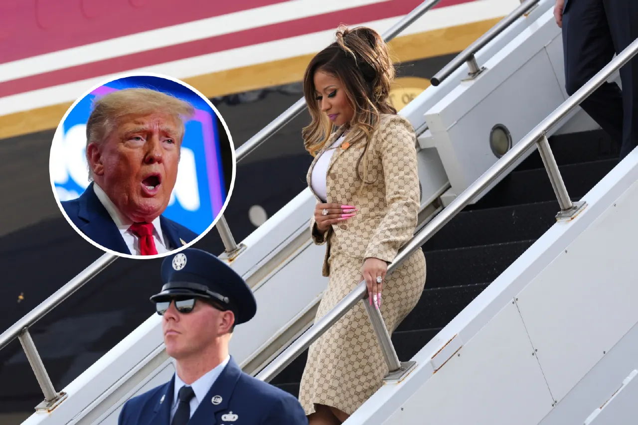 Circular inset of a man speaking over a woman descending an airplane staircase, uniformed officer in foreground