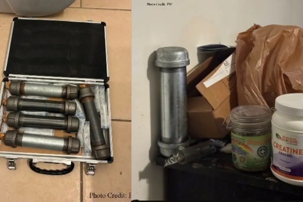 Split image of metal pipe devices in a case and beside creatine tub, evidence-style photos