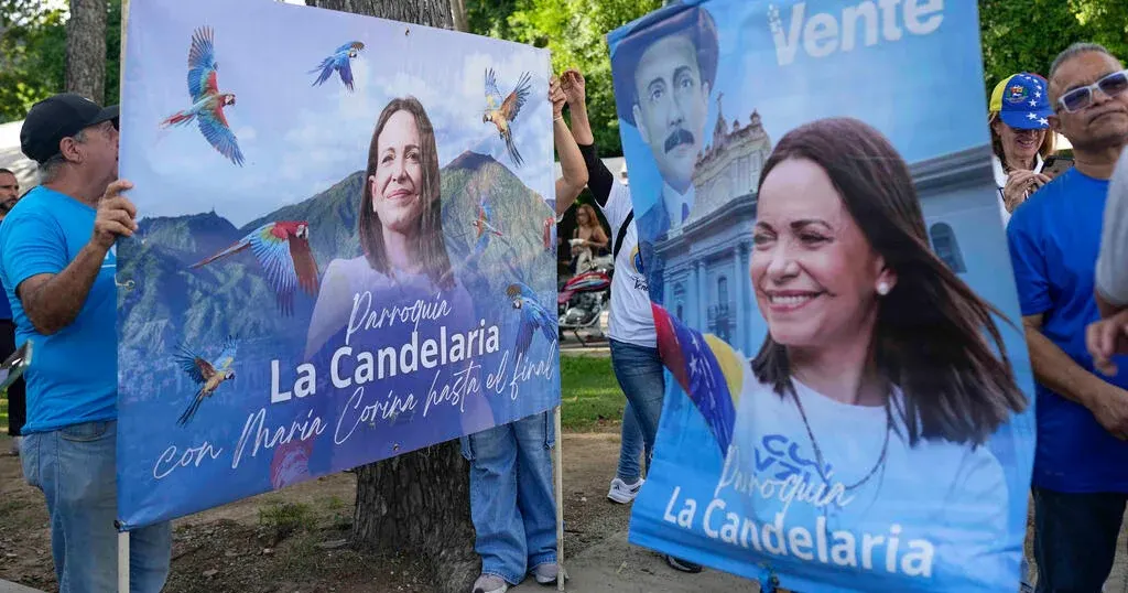 Supporters hold large blue campaign banners with a smiling woman's portrait, parrots, and slogans.