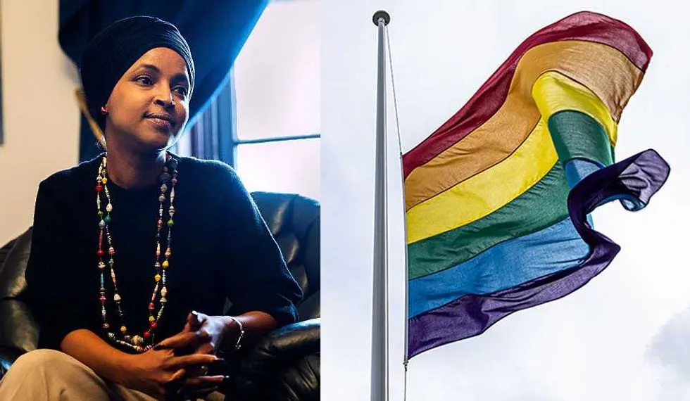 Split image: woman in head covering seated in leather chair beside rainbow flag at half-mast