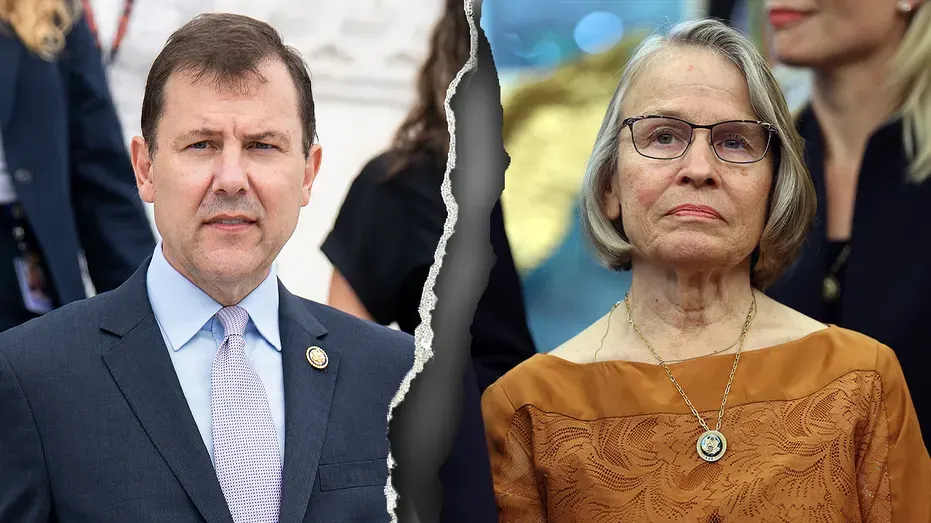 Split-screen composite of two people, a man in suit and a woman with glasses, torn down middle