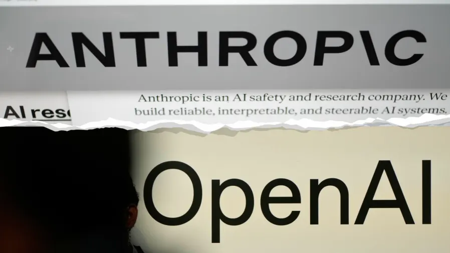 Torn-paper collage of Anthropic website text and OpenAI logo, with a dark silhouette of a person.