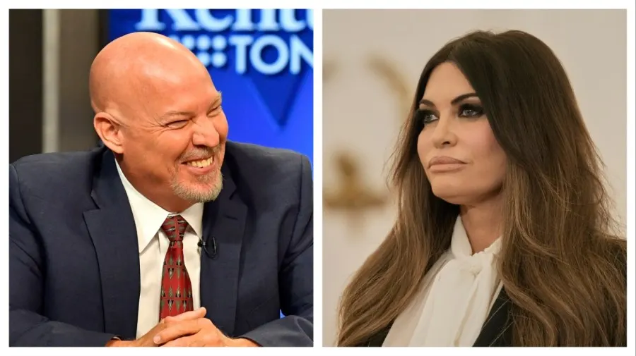Side-by-side portraits of two people: a laughing bald man in a suit, and a woman with long hair.
