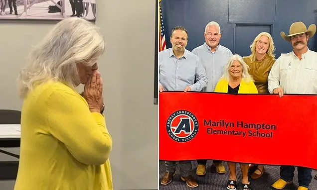 Left: older woman in yellow cardigan covering her face; right: group holding red Aubrey ISD Marilyn Hampton Elementary banner.