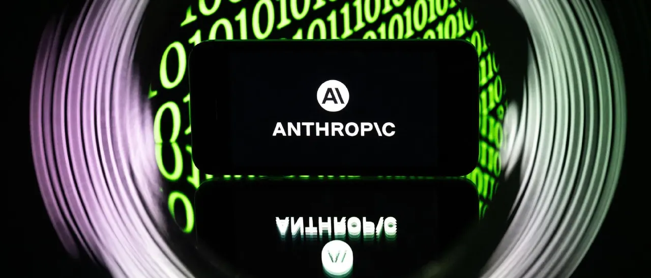 Anthropic logo and wordmark on dark screen surrounded by green binary code and purple swirling light