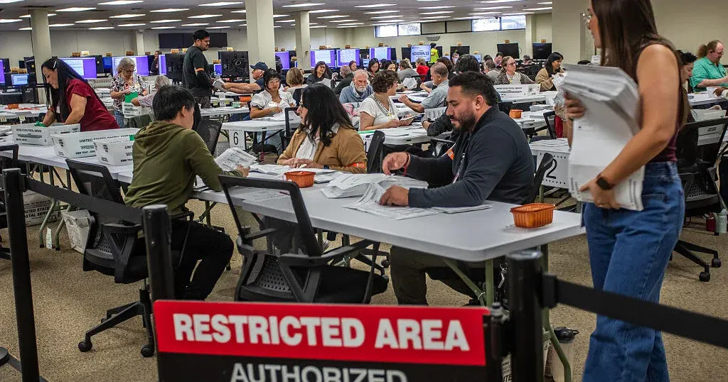 Election workers processing mail ballots at tables in a large office, with a restricted area sign in front.