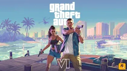 Official Grand Theft Auto VI key art with logo, two armed characters on a Vice City pier