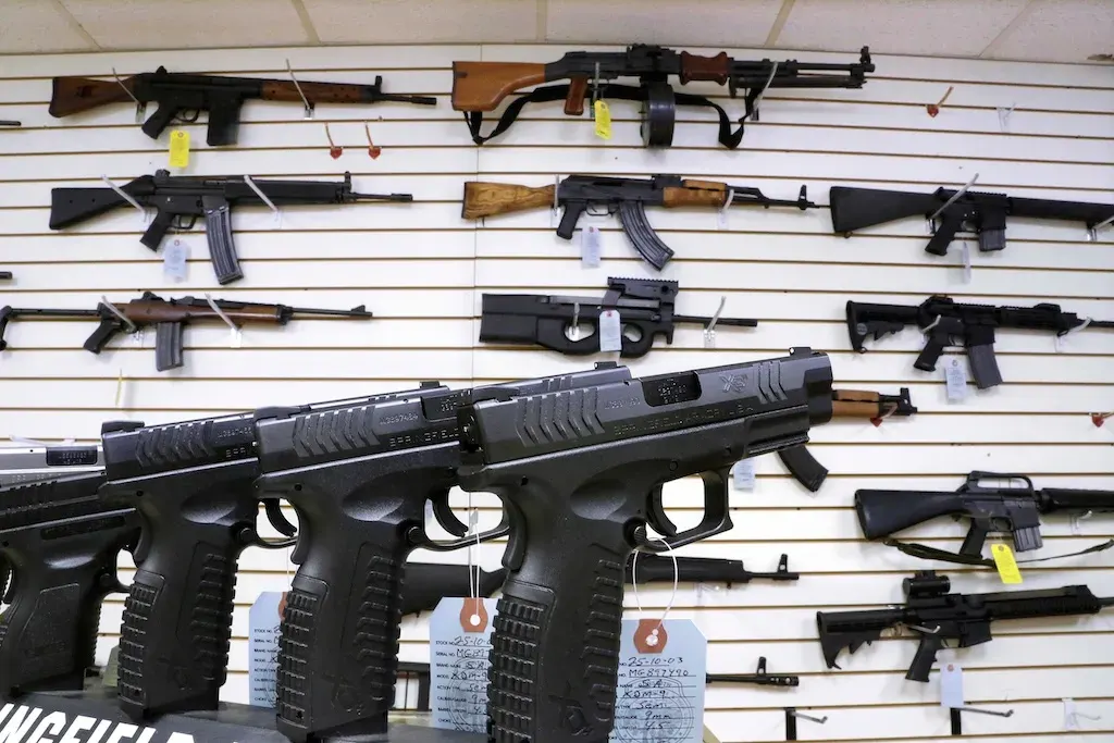 Wall display of rifles and handguns with price tags at a gun store.