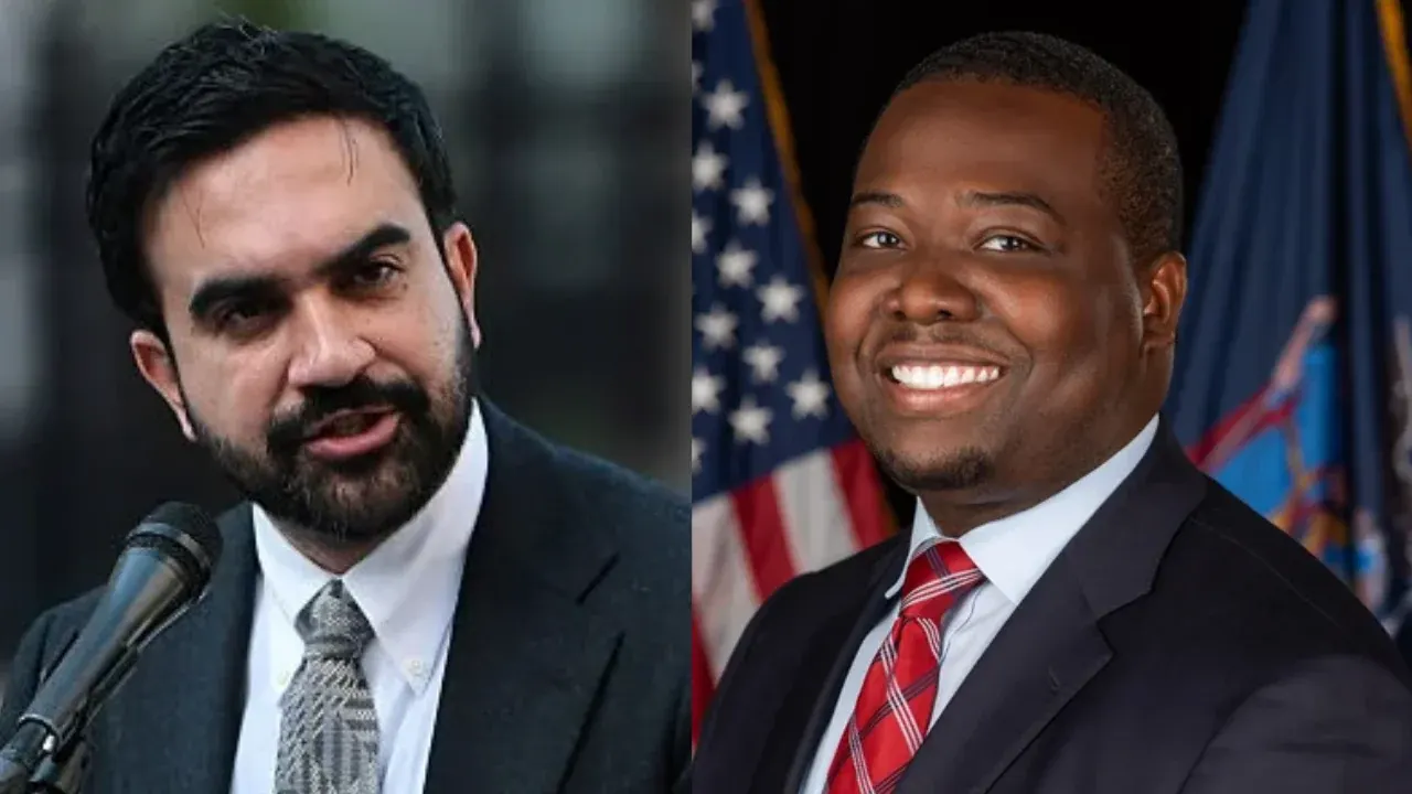 Split image: bearded man speaking at microphone beside smiling man in suit before flags