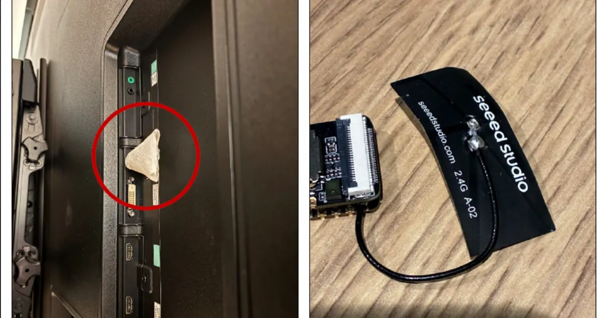 Split image: a circled small hidden device in a monitor port, and a seeed studio antenna with a board.