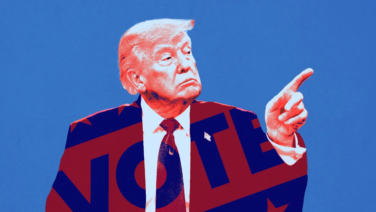 Stylized red-and-blue duotone illustration of an older man pointing, with VOTE lettering on his suit.