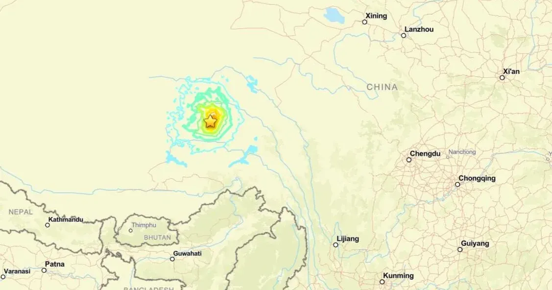 Map showing earthquake epicenter and shaking intensity contours over Tibet and surrounding regions.