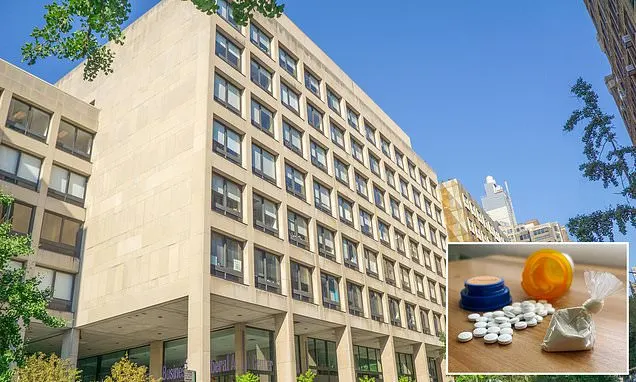Tan multistory campus building with inset photo of orange pill bottle, loose pills, and powder bag