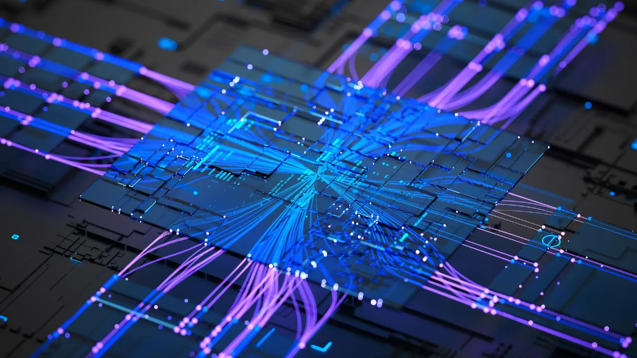 Glowing blue and purple digital microchip with circuit traces on dark background, abstract technology illustration.