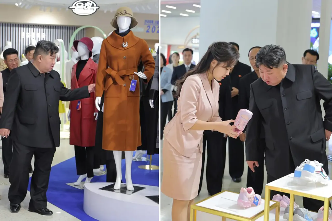 Two side-by-side photos of a man in a dark suit touring a store displaying clothing and shoes, with a woman assisting.