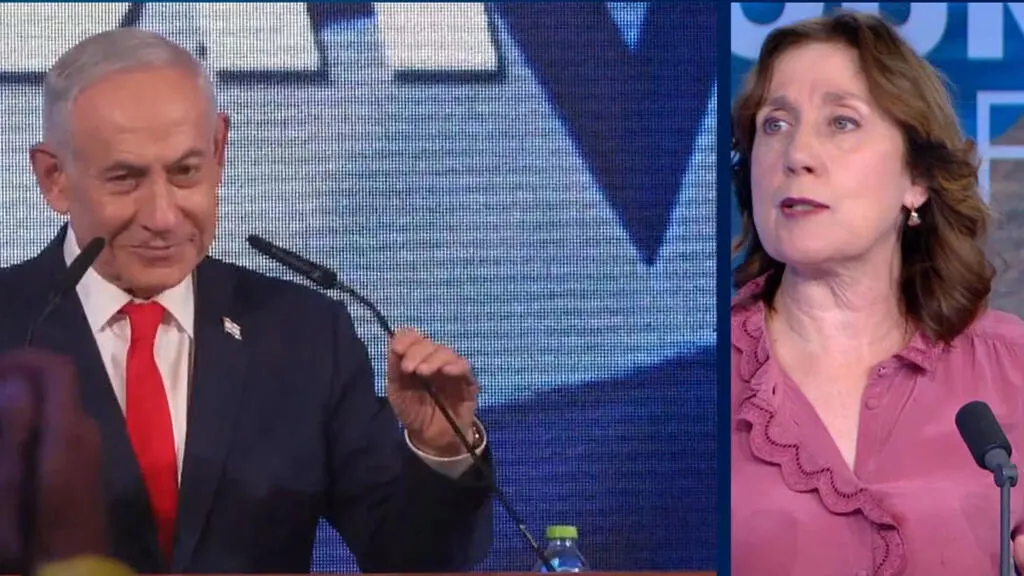 Split screen: a smiling man in a suit at a podium, and a woman in pink speaking at a microphone.