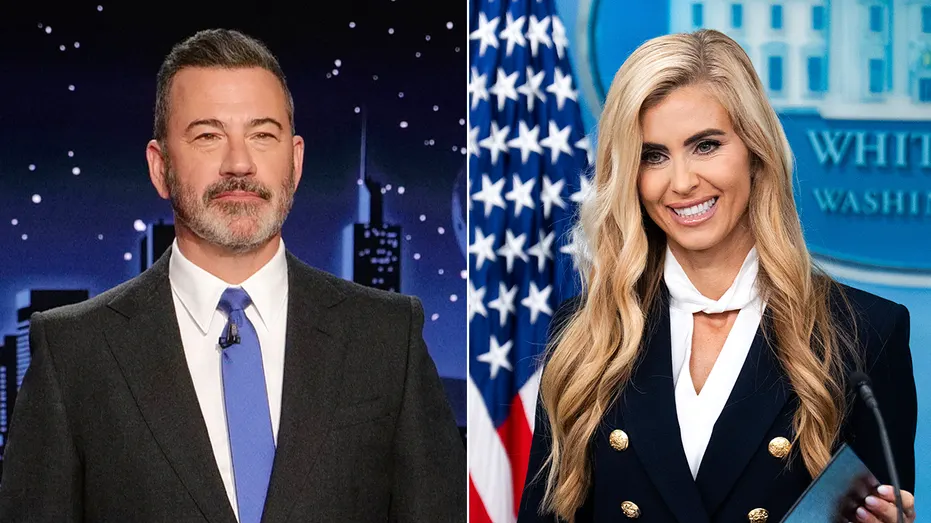 Split image: a bearded man in a dark suit on a night-sky set, and a smiling woman before American flag and White House sign.