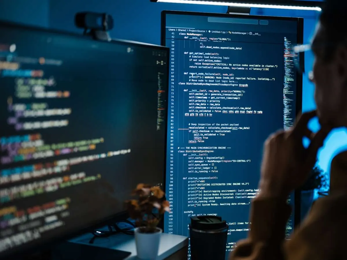 Person in profile before monitors displaying lines of computer source code in a dark room.