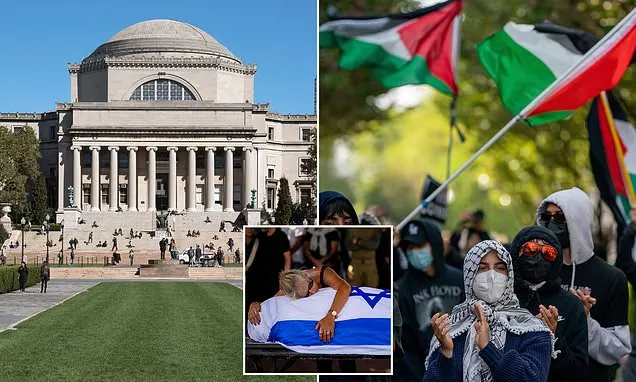 Split image: columned university building, protesters with Palestinian flags, and a mourner draped in Israeli flag