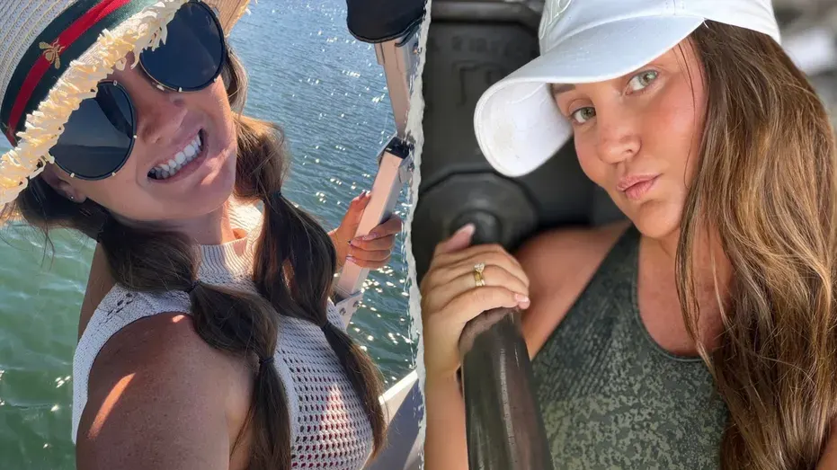 Split image of two smiling women posing outdoors on a boat, one wearing a straw hat and sunglasses