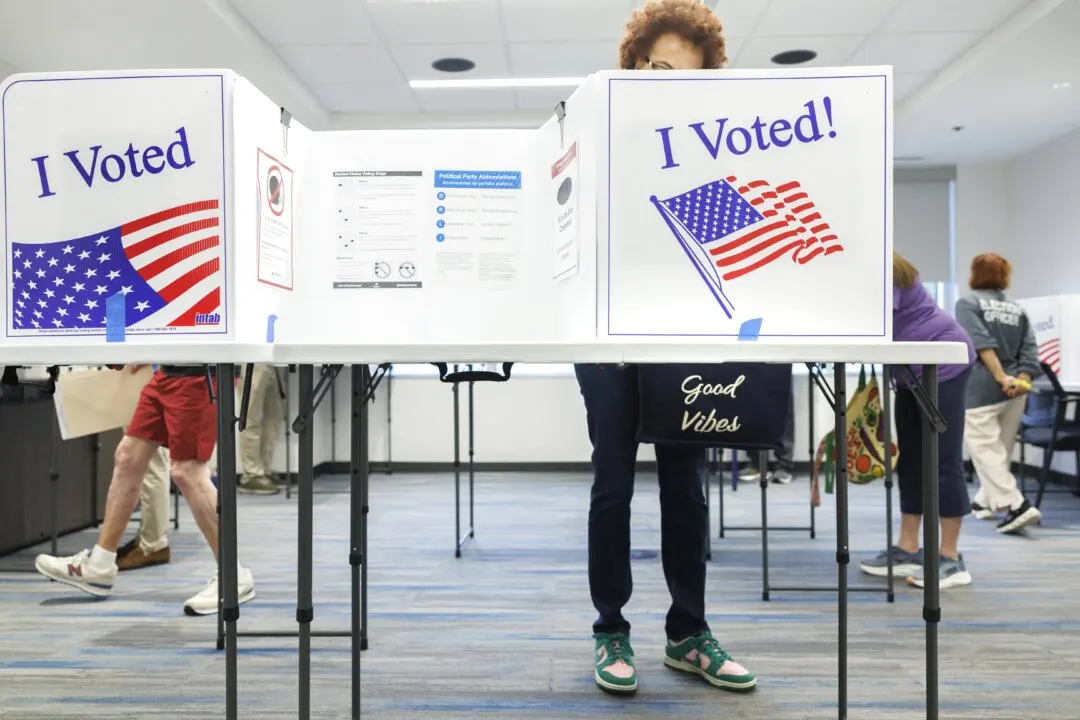 Voter in a booth marked 'I Voted' with American flags, other voters nearby in a polling place