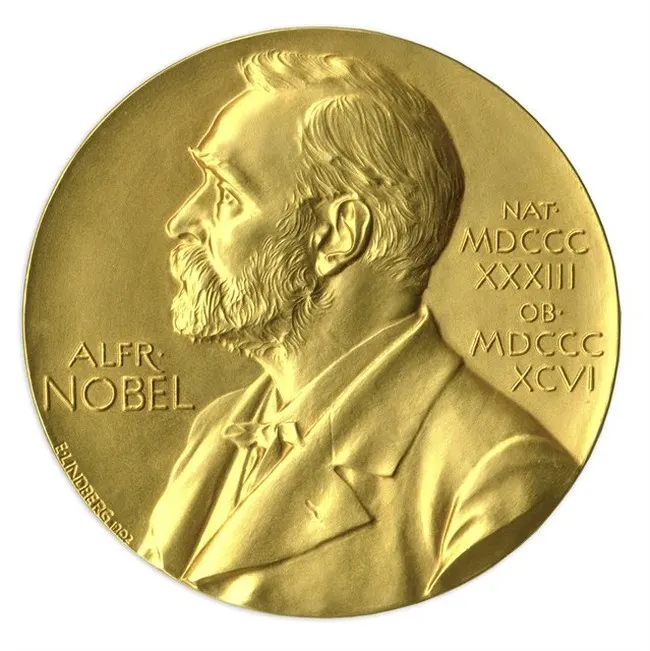 Gold Nobel Prize medal showing a profile relief portrait with Alfred Nobel inscription.