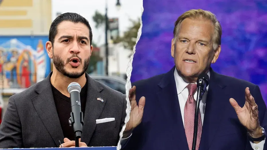 Split-screen of two men speaking at microphones, one at a podium and one gesturing.