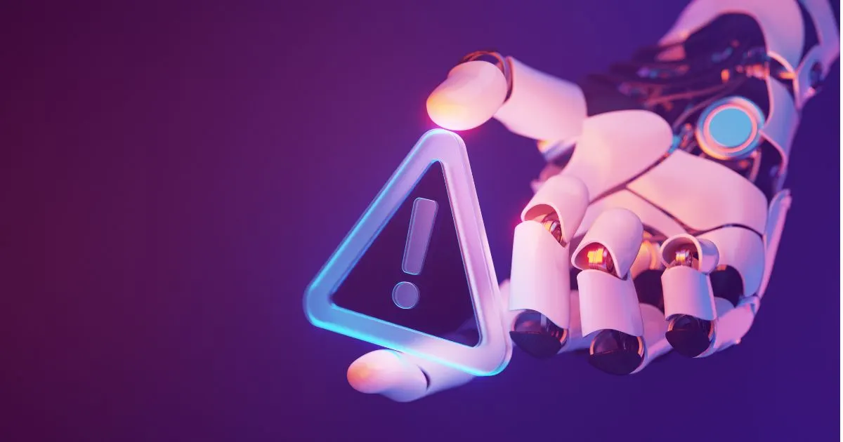 White robotic hand holding a glowing warning triangle icon against purple background
