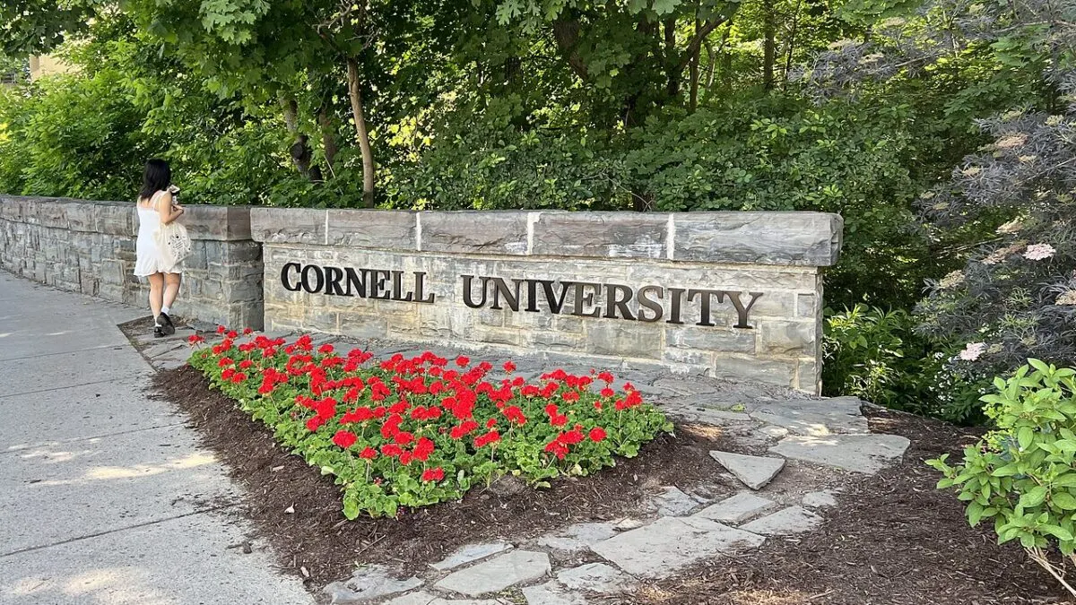 Cornell University stone entrance sign with red flowers, and a person walking nearby on a path.