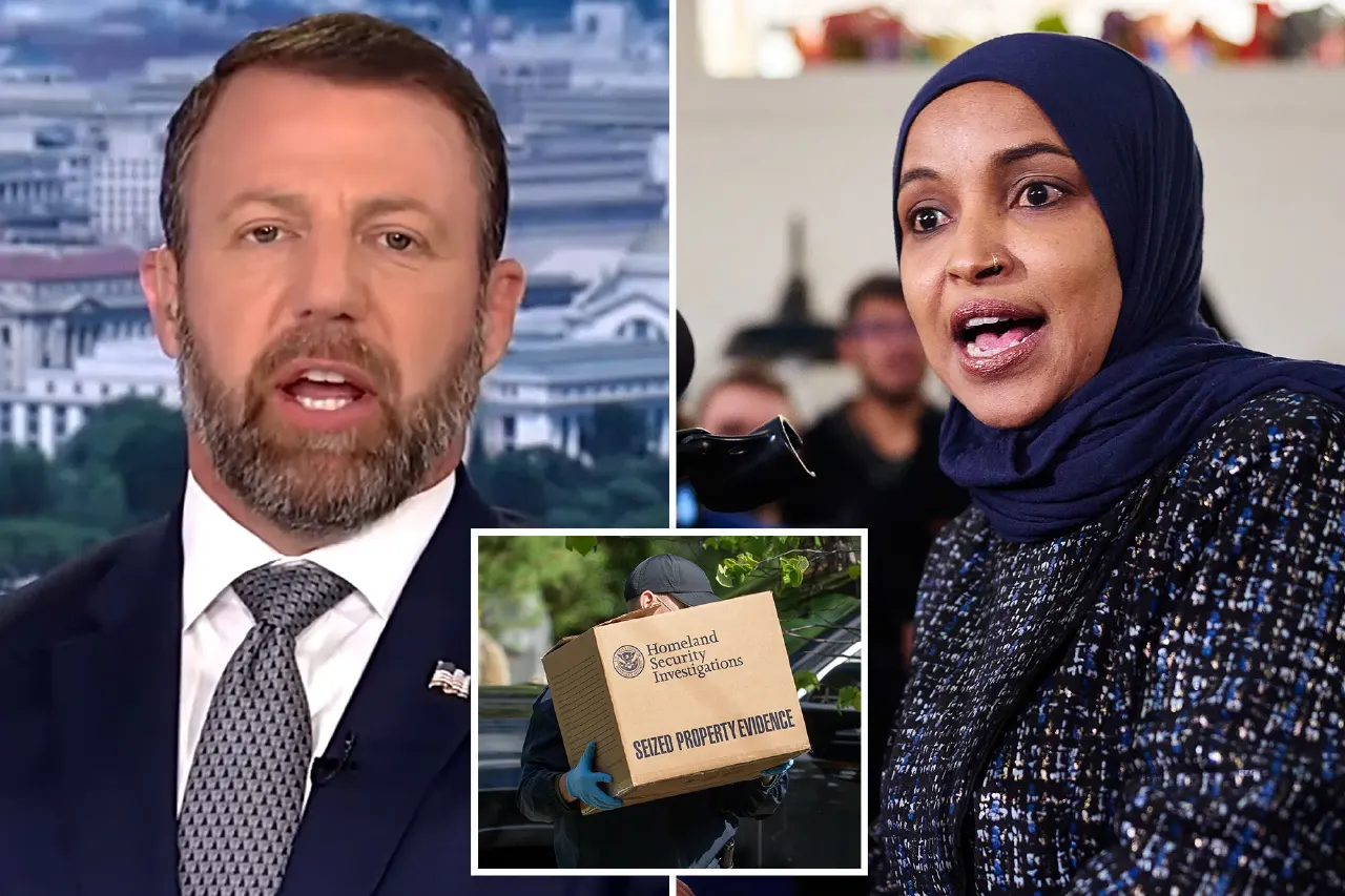 Split image: bearded man speaking on TV set, woman in headscarf speaking outdoors, inset of box marked Homeland Security Investigations evidence.